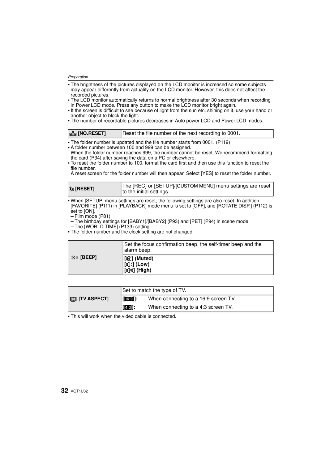 Panasonic DMC-G1K operating instructions Reset the file number of the next recording to, Muted t Low u High, No.Reset, Beep 