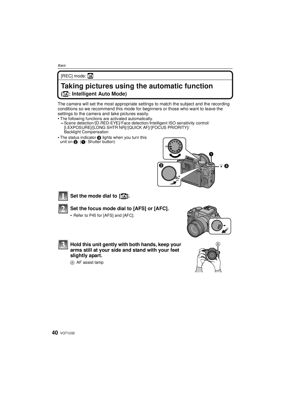 Panasonic DMC-G1K Taking pictures using the automatic function, Set the mode dial to Set the focus mode dial to AFS or AFC 