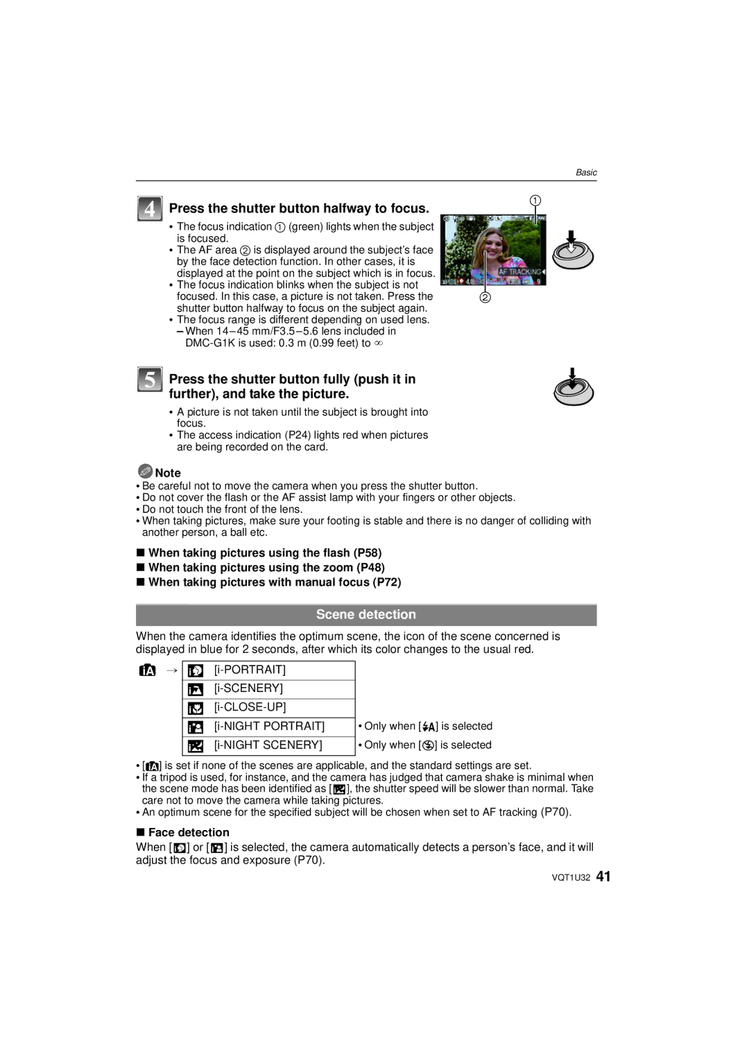 Panasonic DMC-G1K operating instructions Press the shutter button halfway to focus, Scene detection, Face detection 