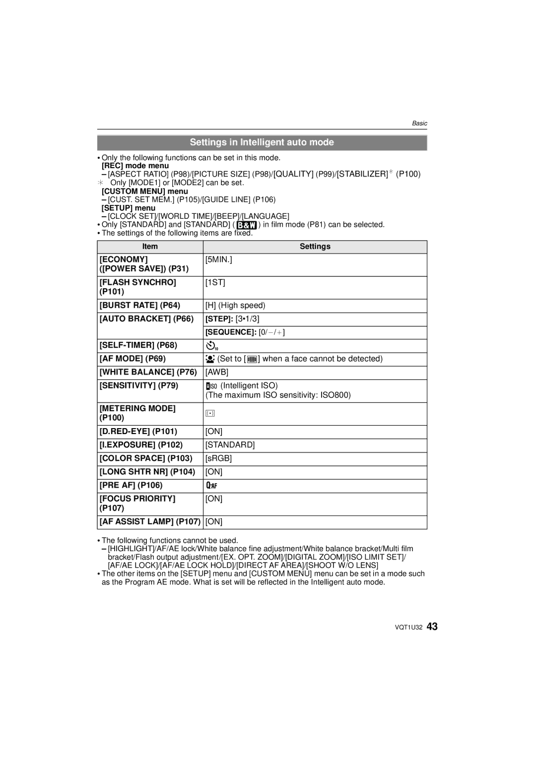 Panasonic DMC-G1K operating instructions Settings in Intelligent auto mode 