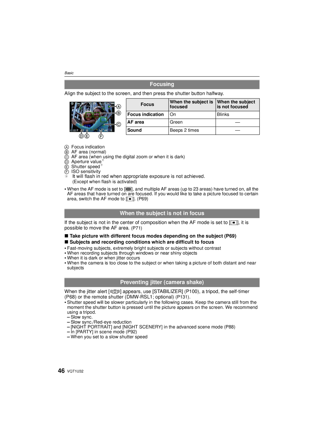 Panasonic DMC-G1K operating instructions Focusing, When the subject is not in focus, Preventing jitter camera shake 