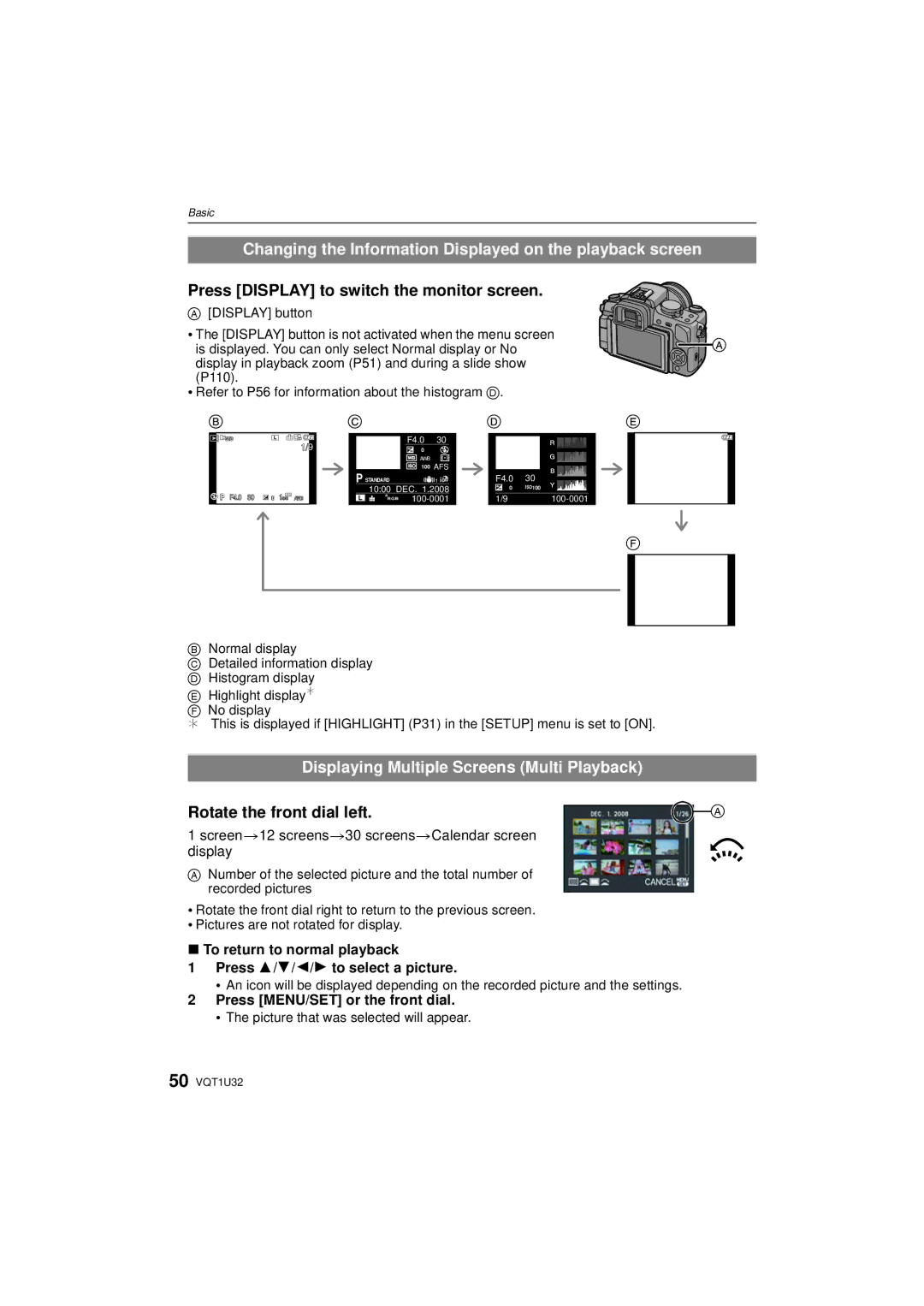 Panasonic DMC-G1K Changing the Information Displayed on the playback screen, Press Display to switch the monitor screen 