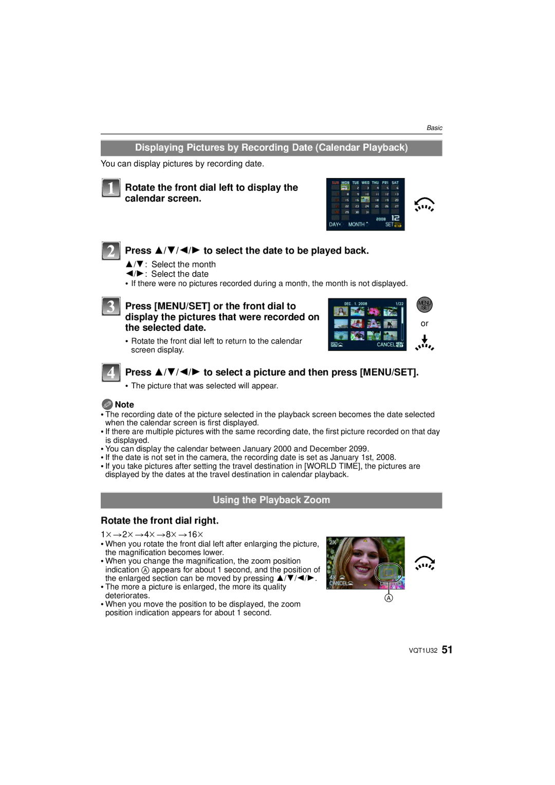 Panasonic DMC-G1K operating instructions Displaying Pictures by Recording Date Calendar Playback, Using the Playback Zoom 