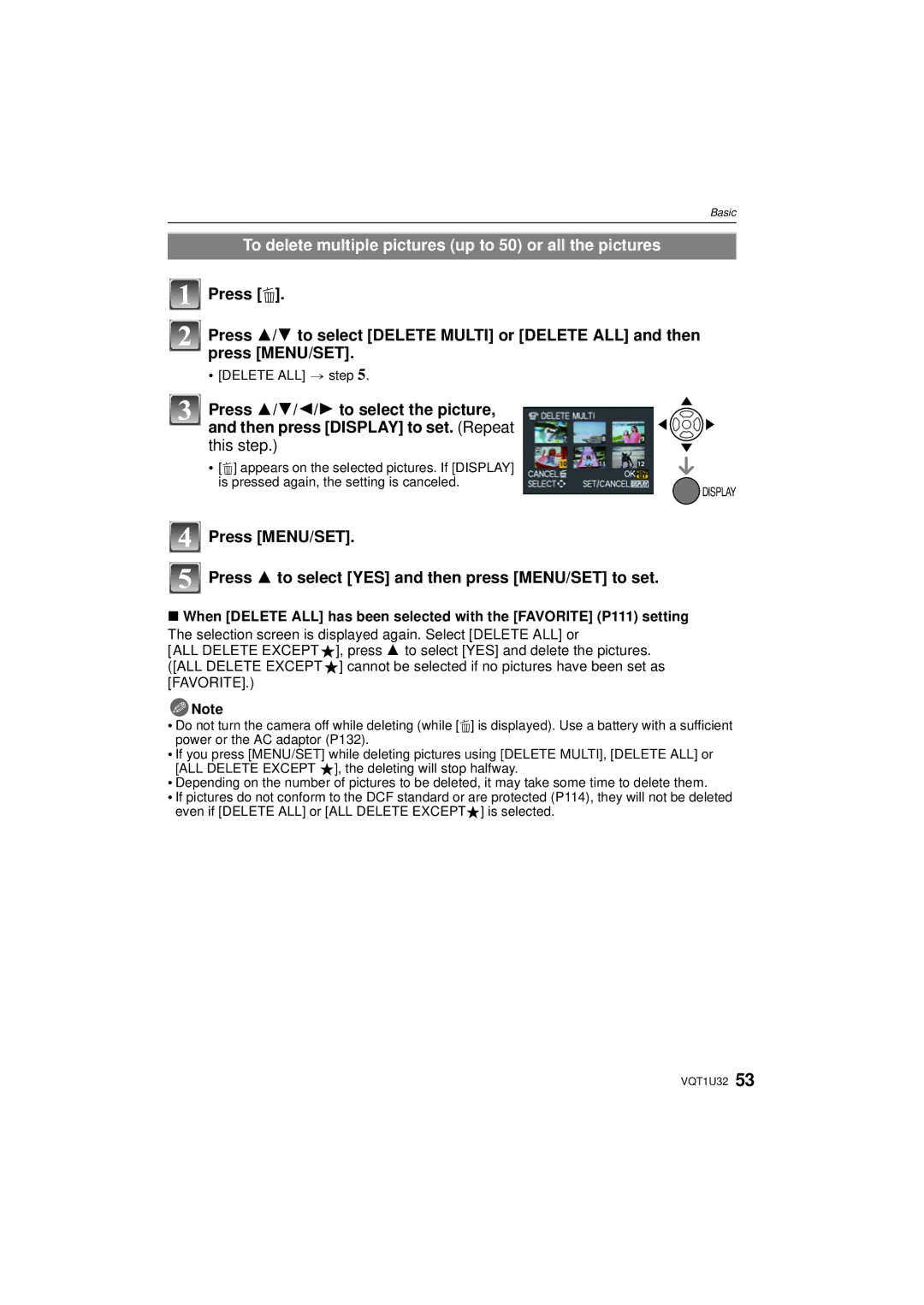 Panasonic DMC-G1K operating instructions To delete multiple pictures up to 50 or all the pictures, Press MENU/SET 