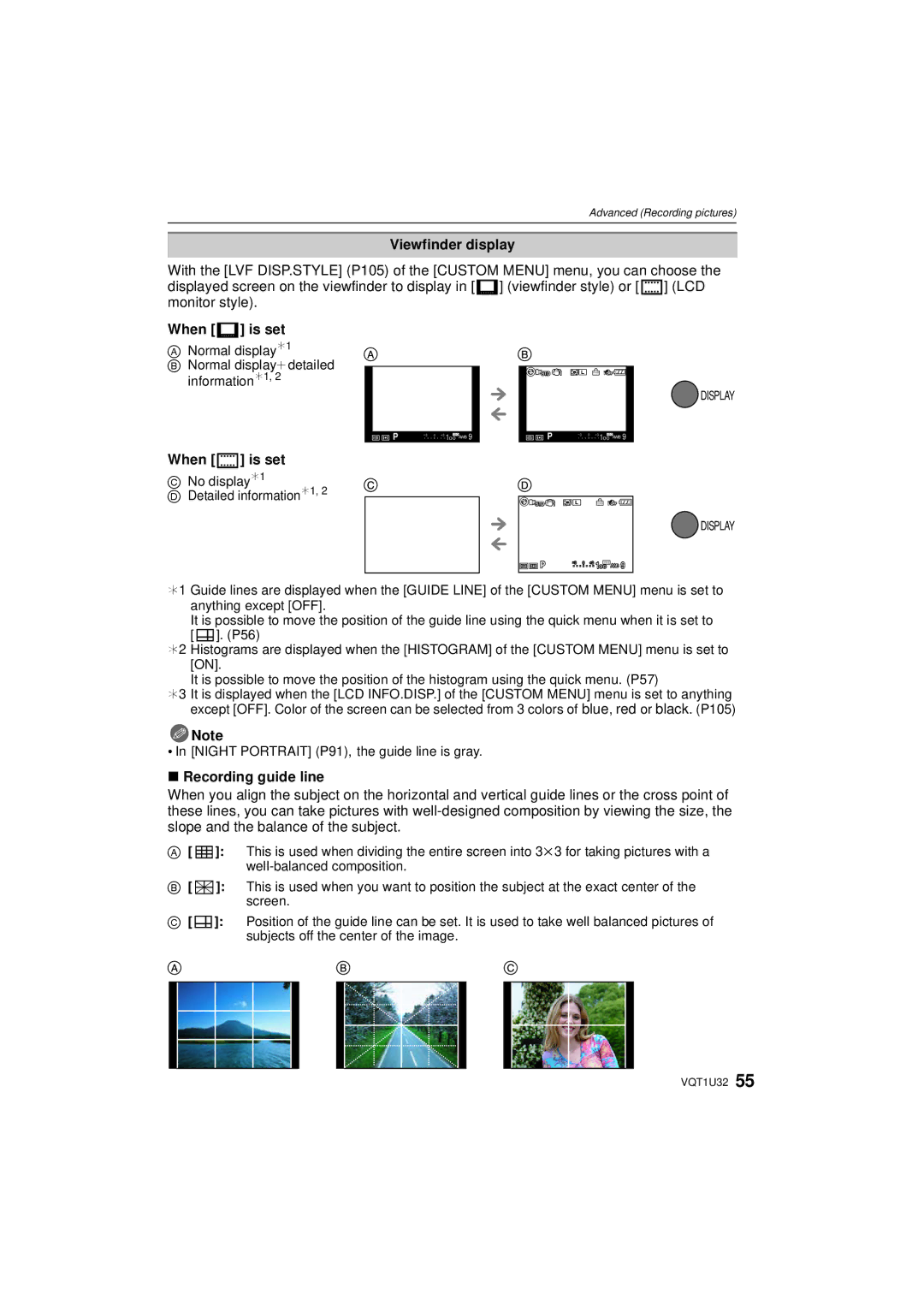 Panasonic DMC-G1K operating instructions Viewfinder display, Recording guide line 