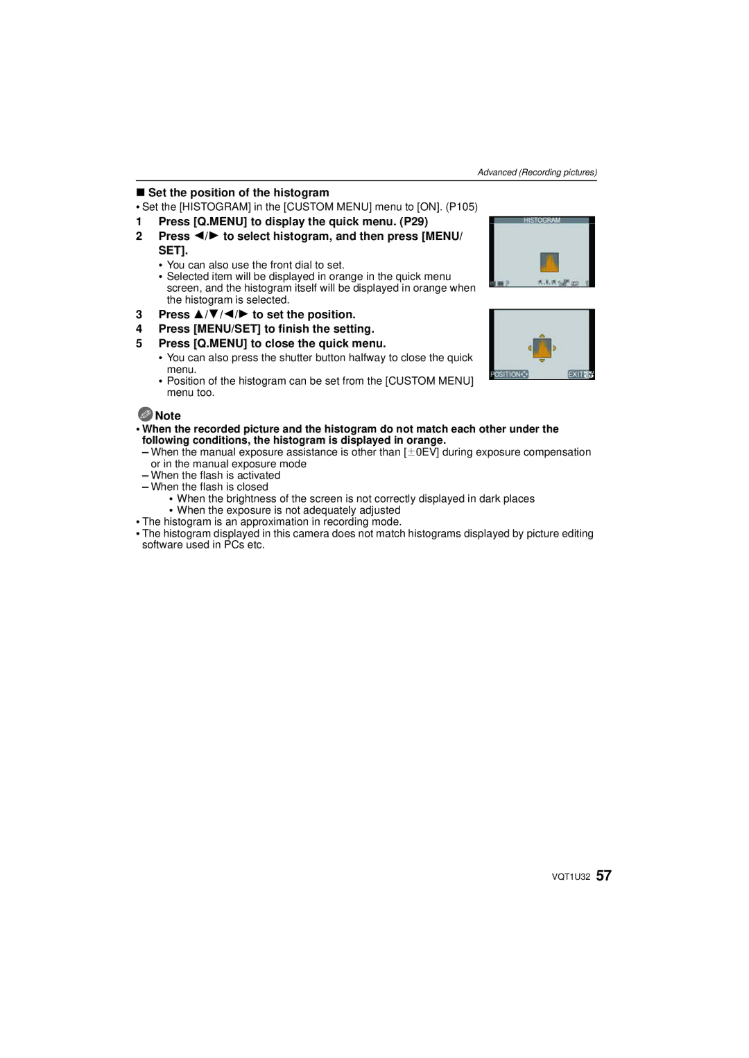 Panasonic DMC-G1K operating instructions Set the position of the histogram 