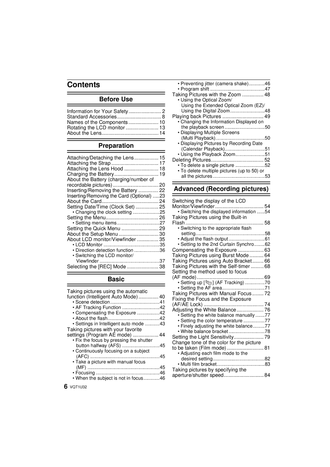 Panasonic DMC-G1K operating instructions Contents 