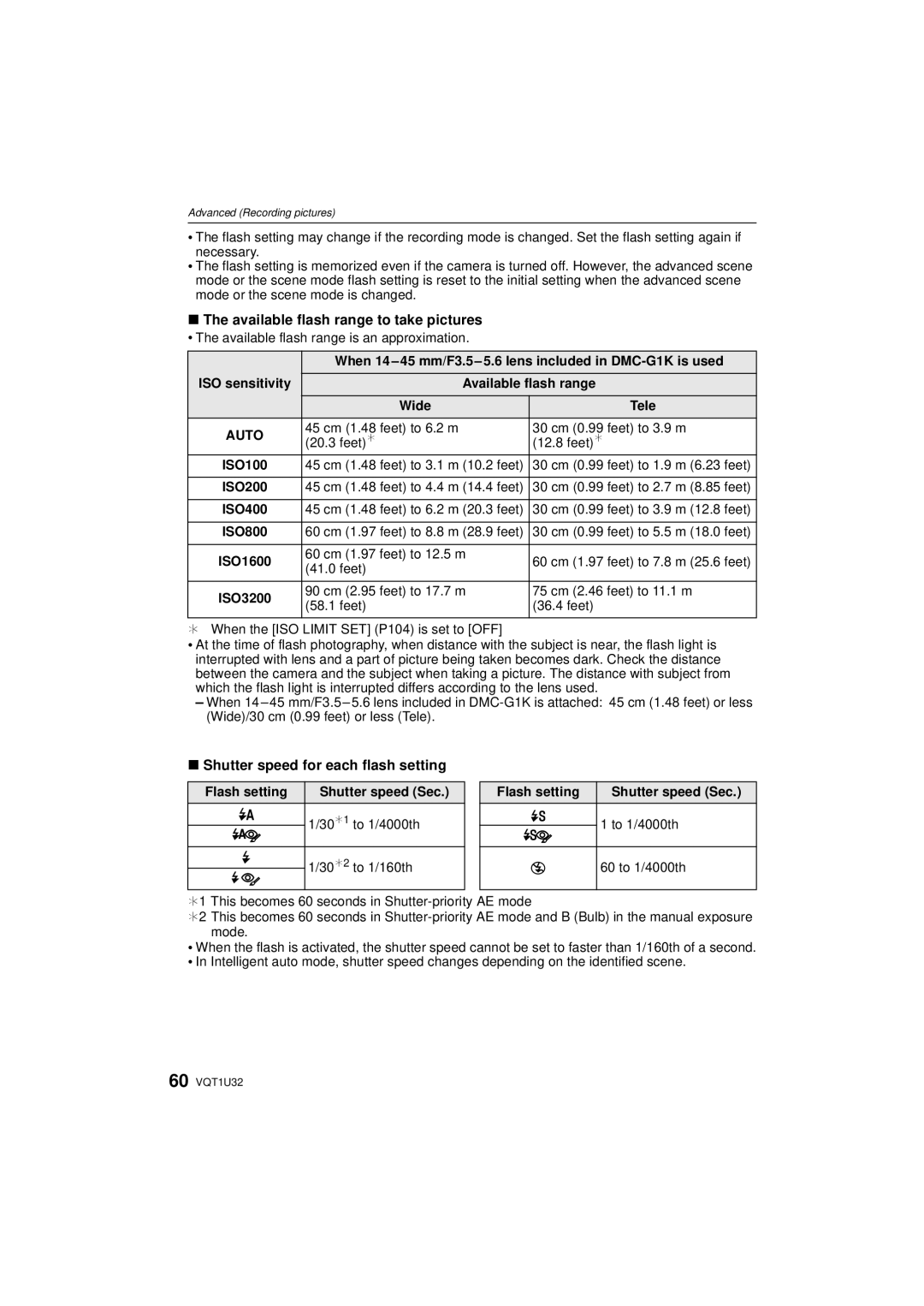 Panasonic DMC-G1K operating instructions Available flash range to take pictures, Shutter speed for each flash setting 