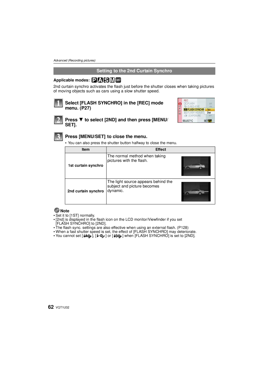 Panasonic DMC-G1K operating instructions Setting to the 2nd Curtain Synchro, Normal method when taking, Dynamic, Effect 