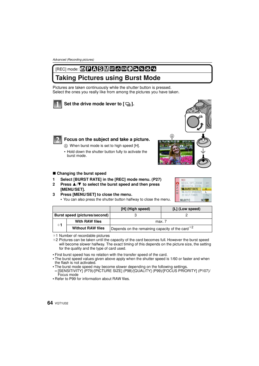 Panasonic DMC-G1K operating instructions Taking Pictures using Burst Mode 