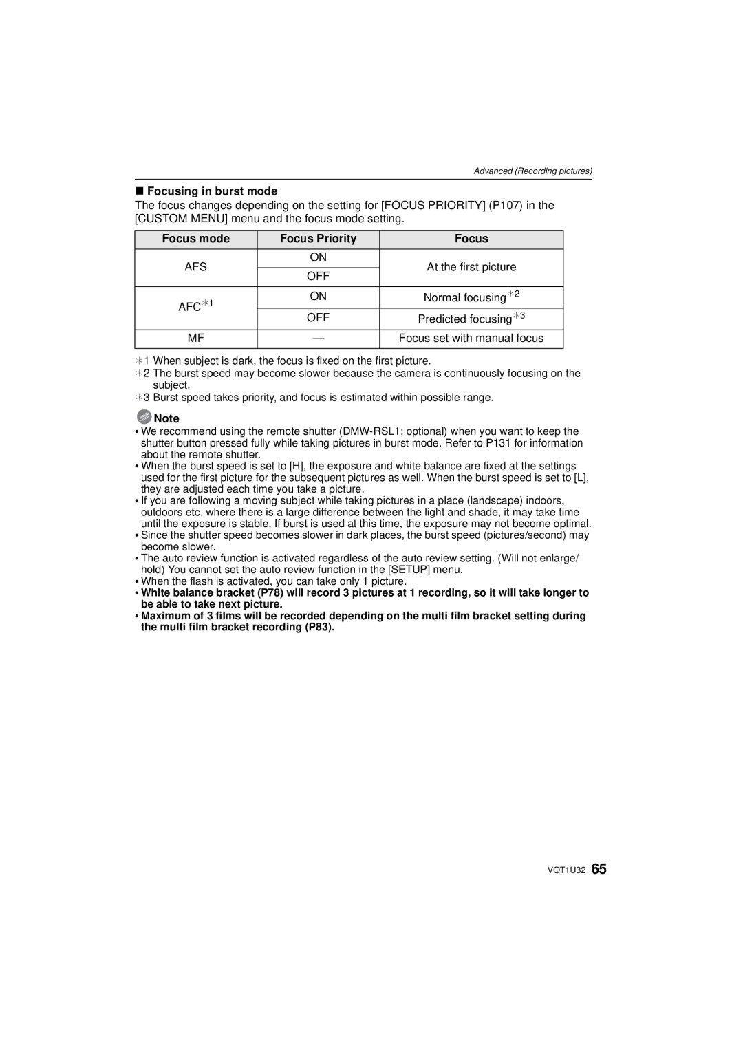 Panasonic DMC-G1K Focusing in burst mode, Focus mode Focus Priority, AFC ¢1 Normal focusing ¢2, Predicted focusing ¢3 