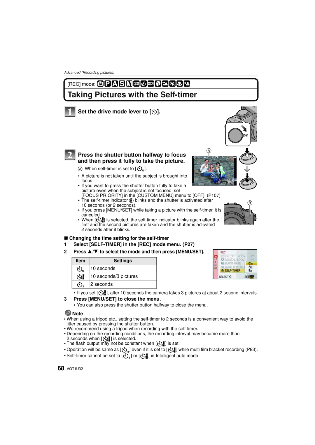 Panasonic DMC-G1K operating instructions Taking Pictures with the Self-timer, Seconds/3 pictures 