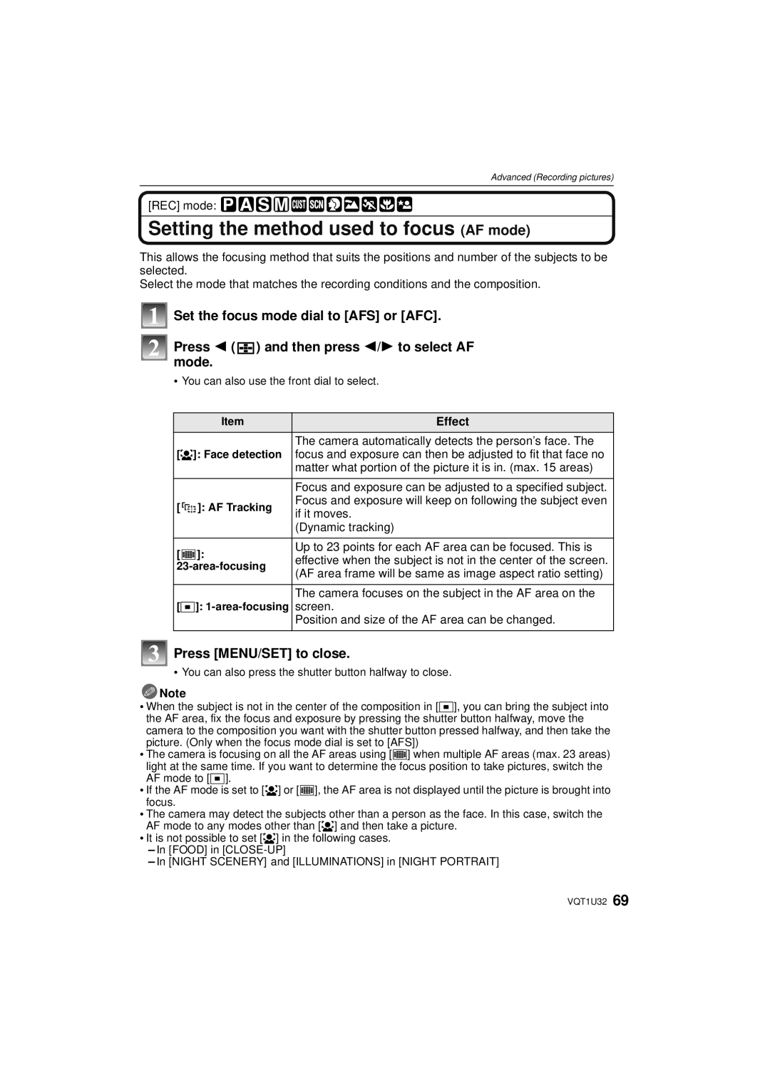 Panasonic DMC-G1K operating instructions Setting the method used to focus AF mode, Press MENU/SET to close 