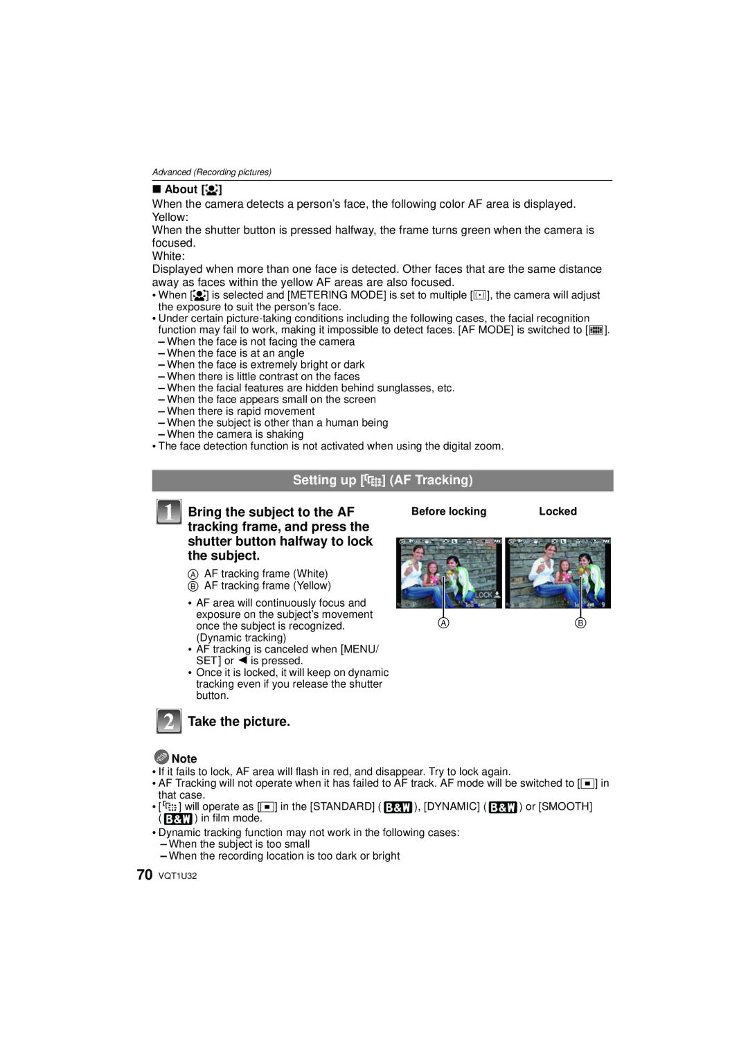 Panasonic DMC-G1K operating instructions Setting up AF Tracking, Take the picture, About š, Before locking 