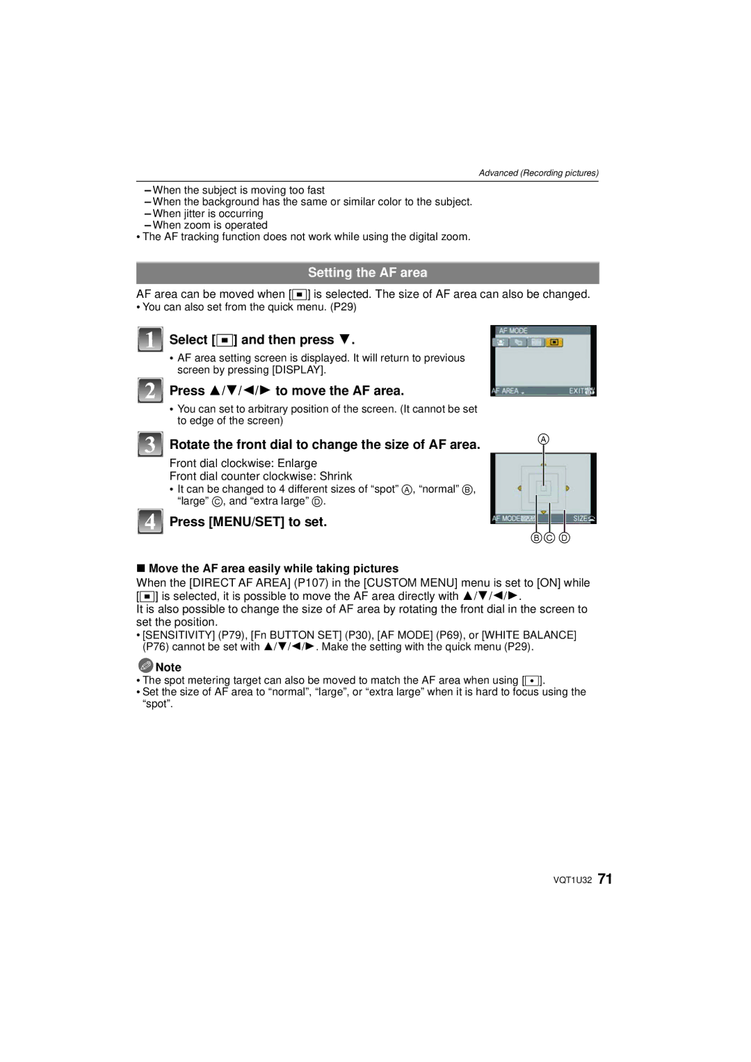 Panasonic DMC-G1K operating instructions Setting the AF area, Select Ø and then press, Press 3/4/2/1 to move the AF area 