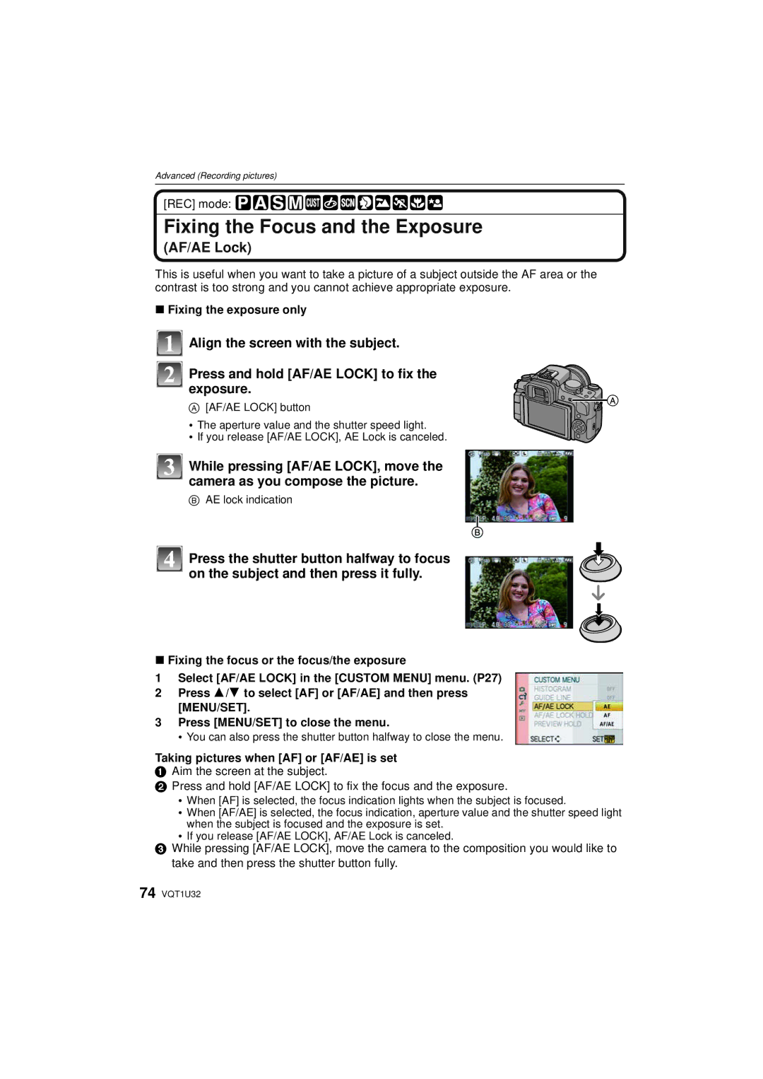 Panasonic DMC-G1K Fixing the Focus and the Exposure, Fixing the exposure only, Taking pictures when AF or AF/AE is set 