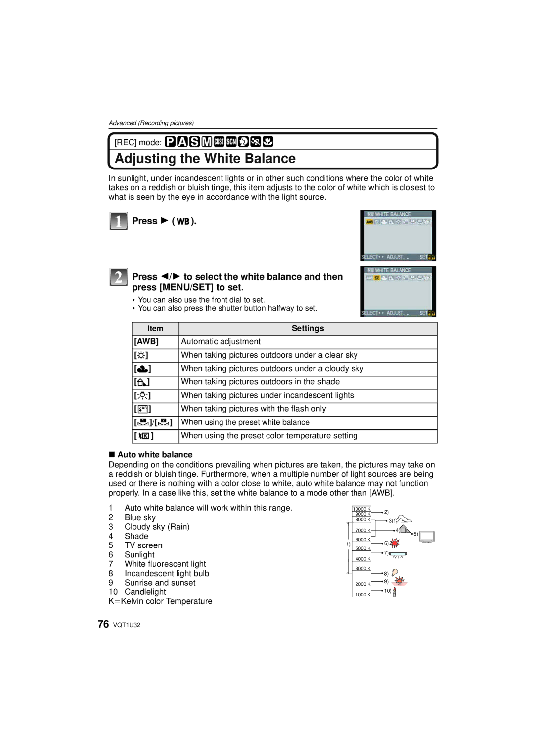 Panasonic DMC-G1K operating instructions Adjusting the White Balance 