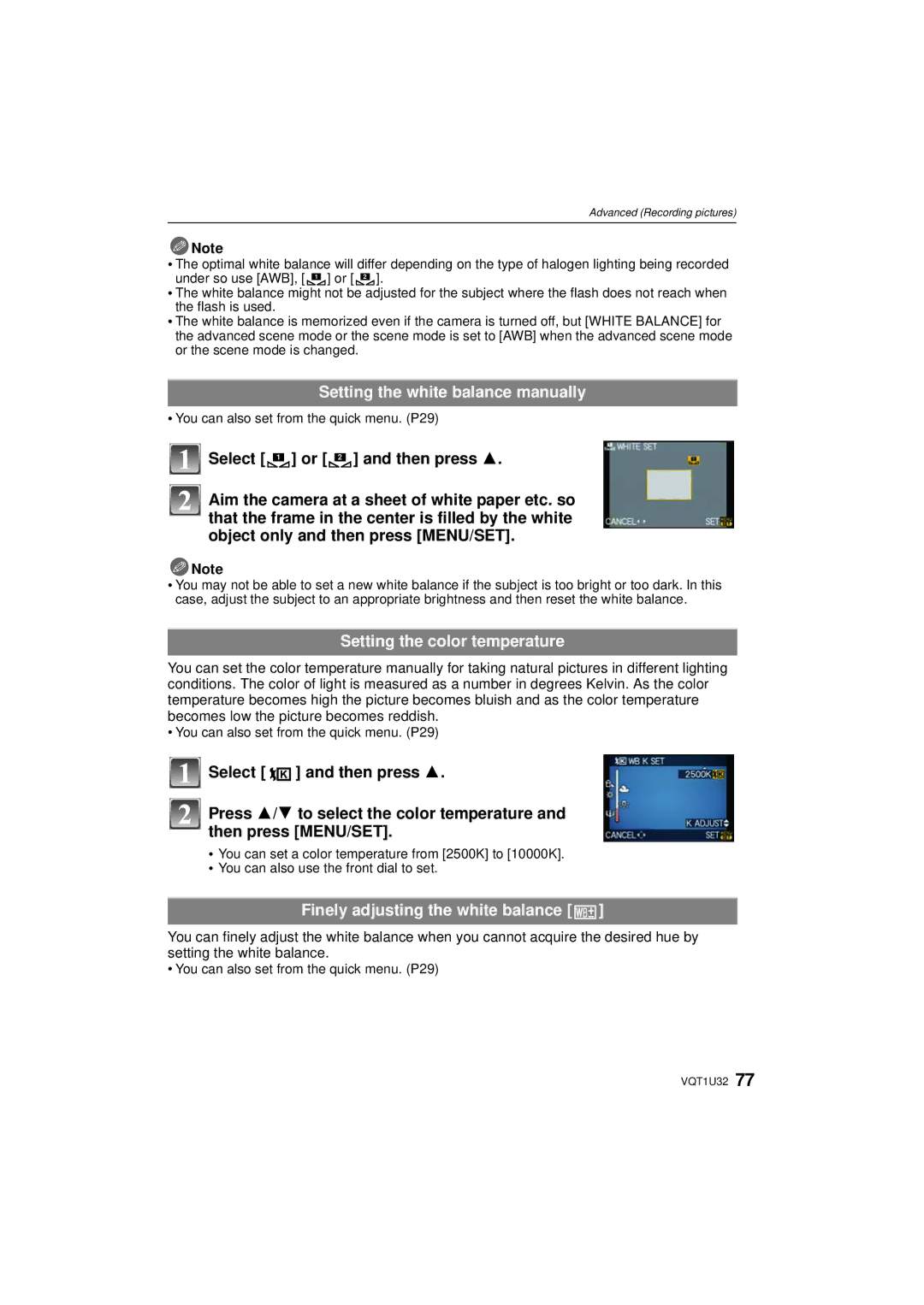 Panasonic DMC-G1K Setting the white balance manually, Setting the color temperature, Finely adjusting the white balance 