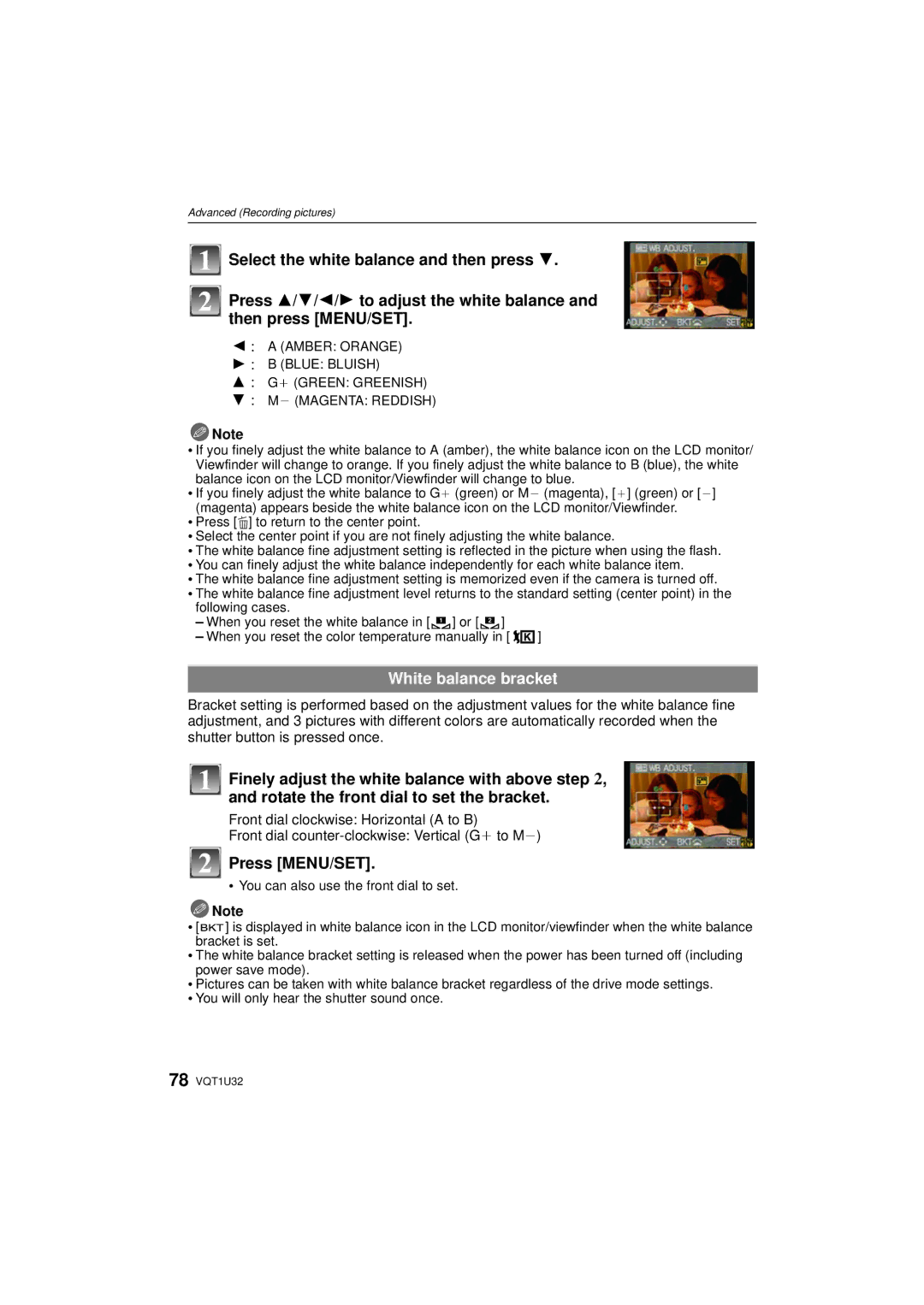 Panasonic DMC-G1K operating instructions White balance bracket, Amber Orange Blue Bluish Green Greenish ` Magenta Reddish 