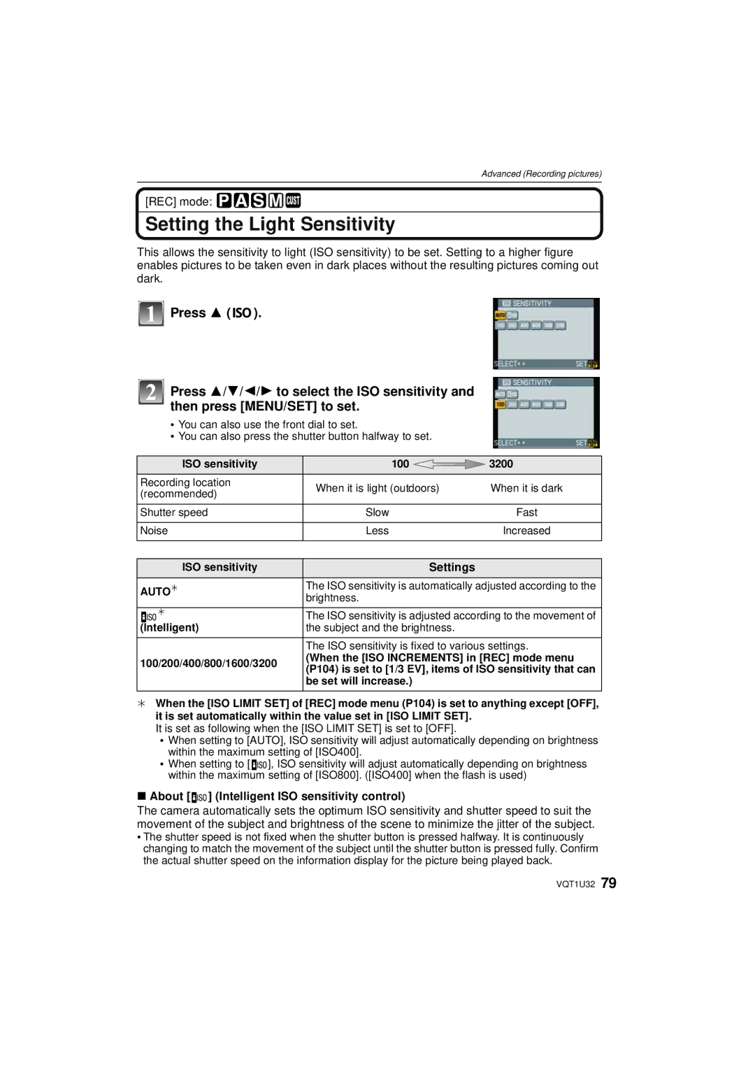 Panasonic DMC-G1K operating instructions Setting the Light Sensitivity, About Intelligent ISO sensitivity control 