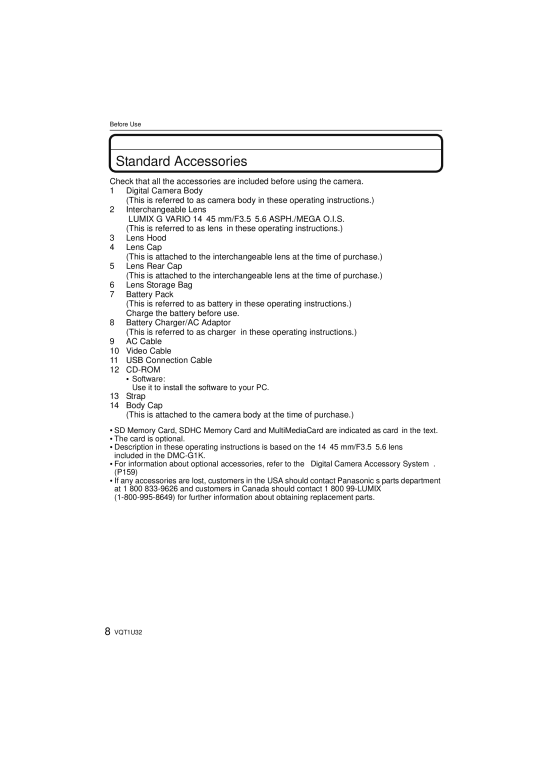 Panasonic DMC-G1K operating instructions Standard Accessories, Cd-Rom 