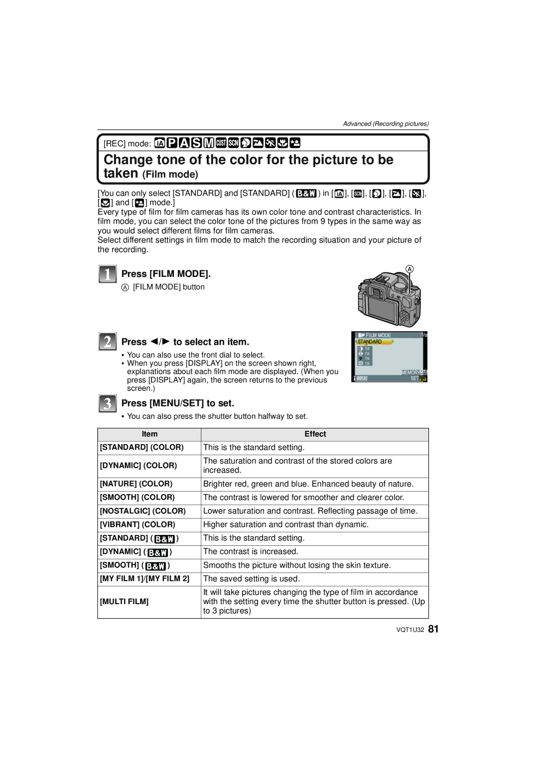 Panasonic DMC-G1K Change tone of the color for the picture to be, Press Film Mode, Press 2/1 to select an item 