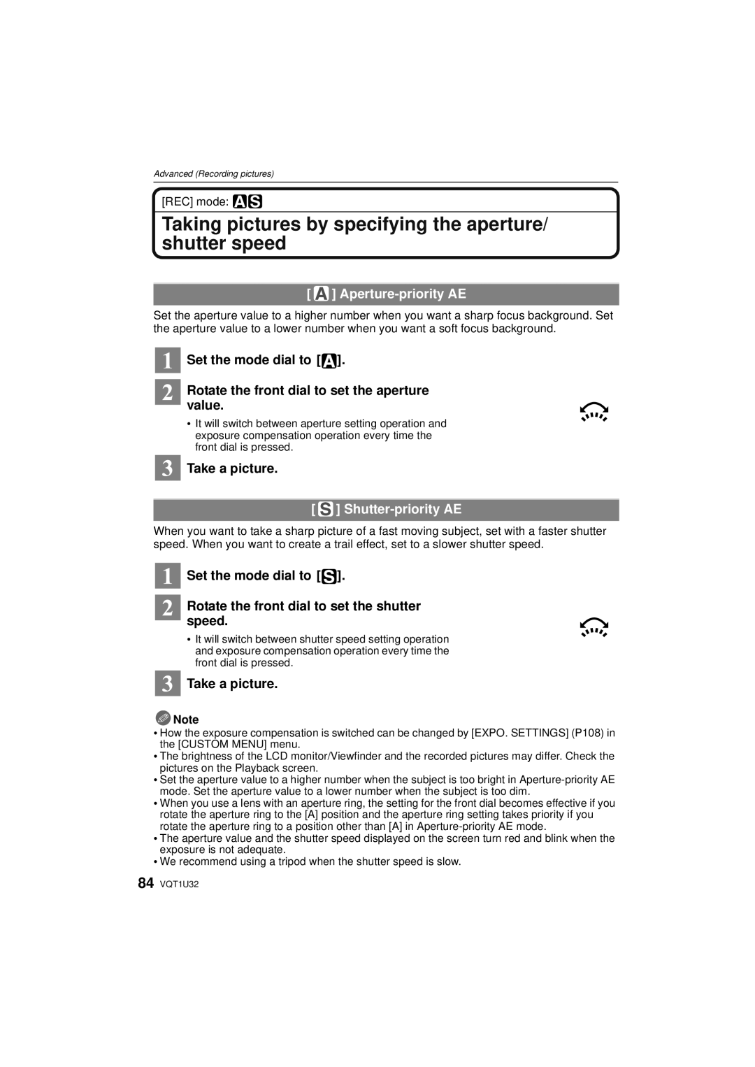 Panasonic DMC-G1K Taking pictures by specifying the aperture/ shutter speed, Aperture-priority AE, Shutter-priority AE 