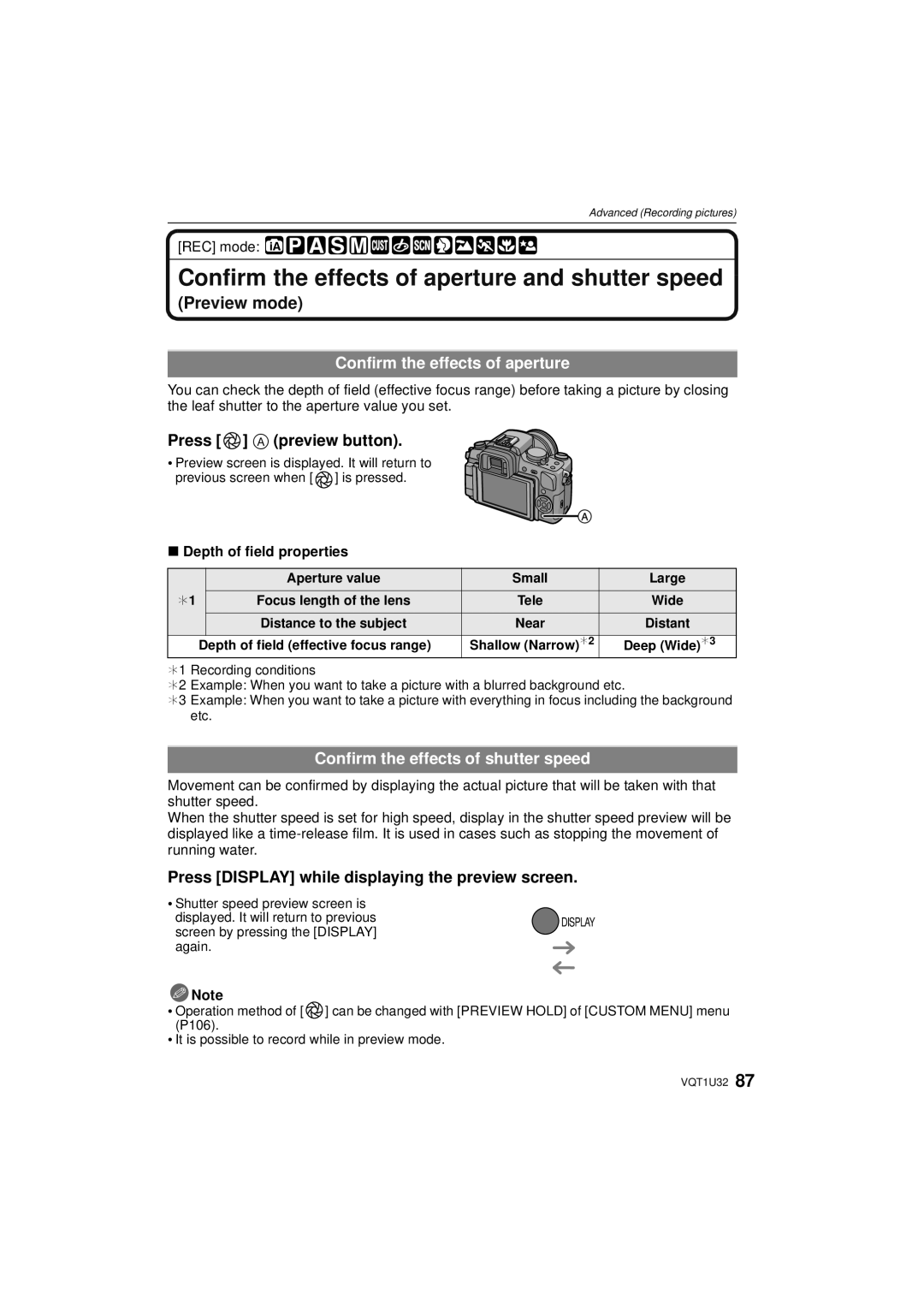 Panasonic DMC-G1K operating instructions Confirm the effects of aperture and shutter speed, Press a preview button 