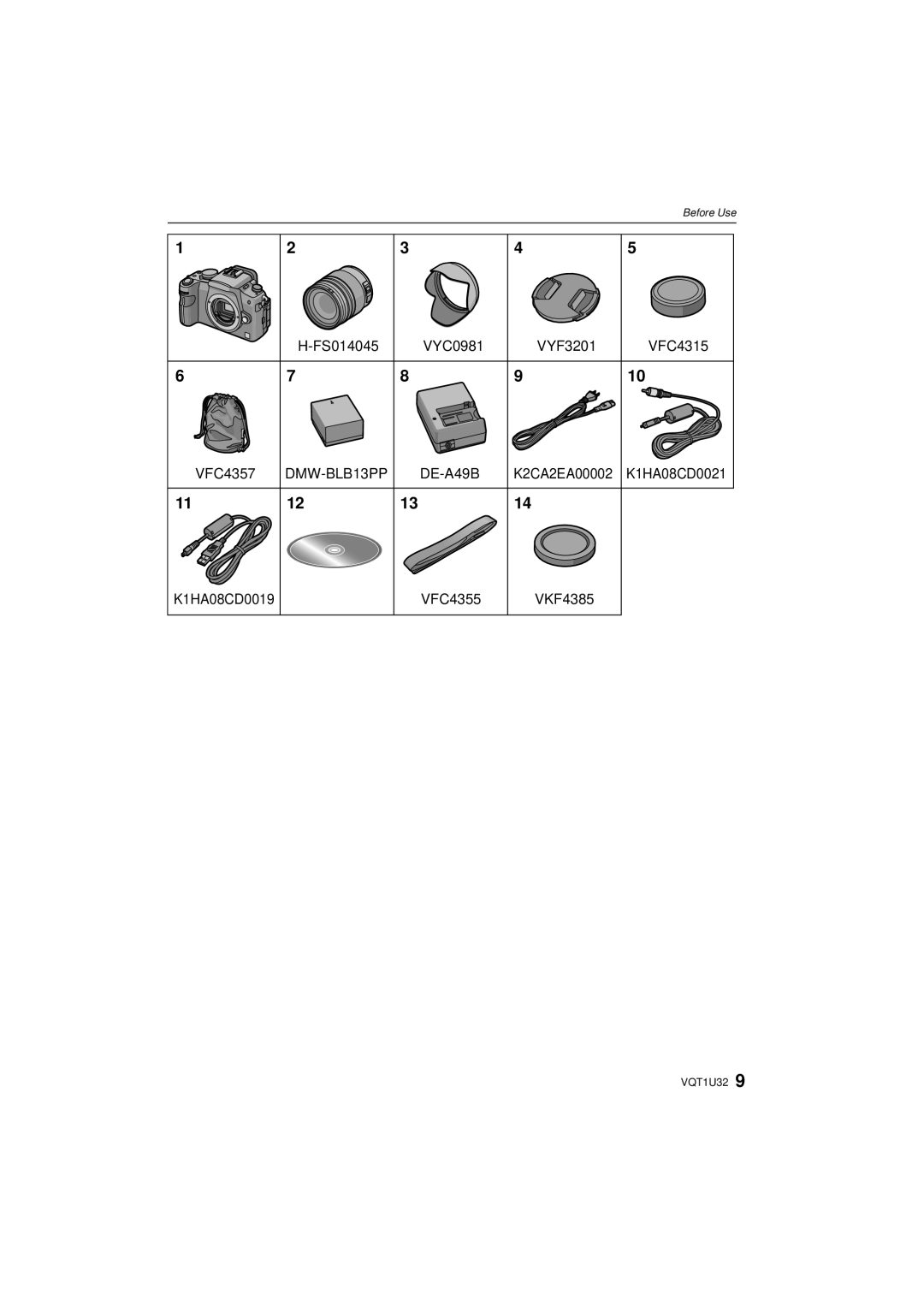 Panasonic DMC-G1K FS014045 VYC0981 VYF3201 VFC4315 VFC4357, DMW-BLB13PP, DE-A49B K2CA2EA00002, VFC4355 VKF4385 