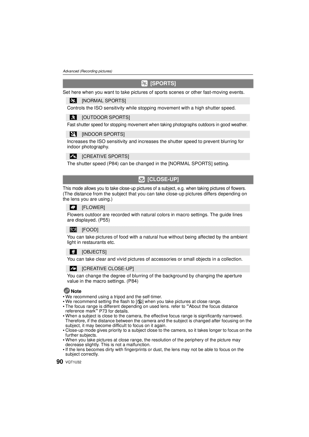 Panasonic DMC-G1K operating instructions Sports, Close-Up 