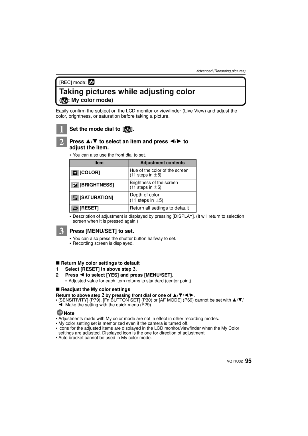 Panasonic DMC-G1K operating instructions Taking pictures while adjusting color, Color, Brightness, Saturation, Reset 