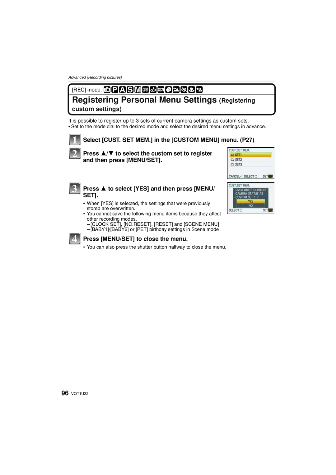 Panasonic DMC-G1K operating instructions Registering Personal Menu Settings Registering, Custom settings 