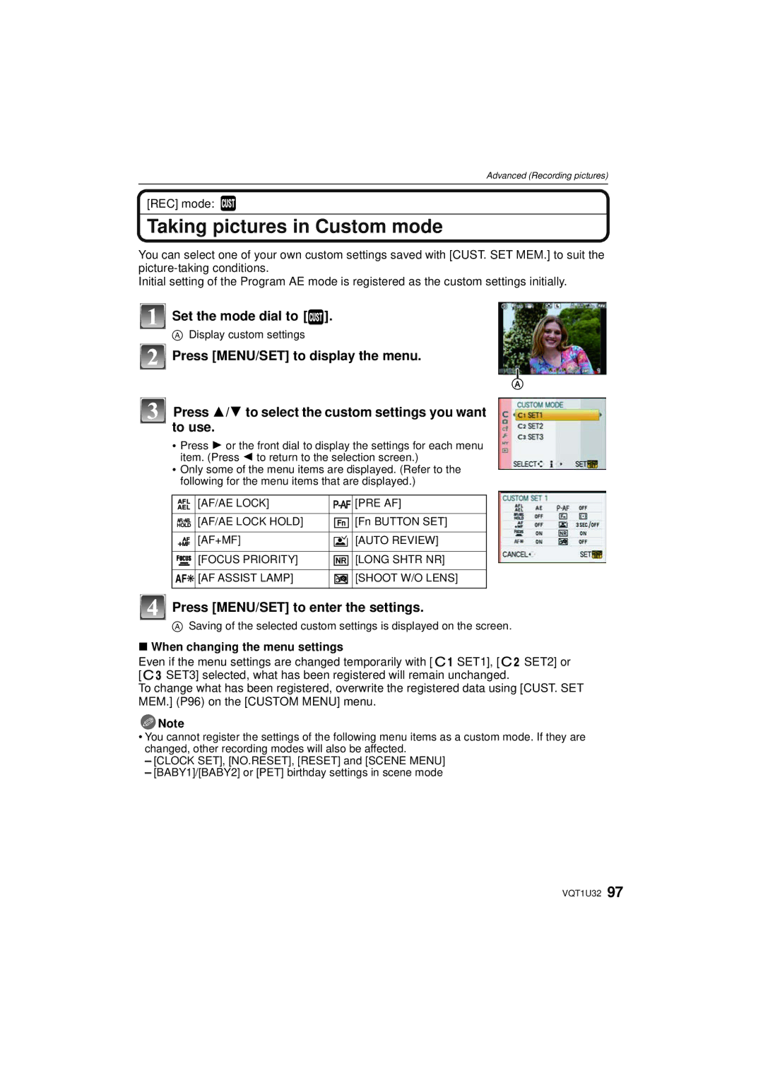 Panasonic DMC-G1K Taking pictures in Custom mode, Press MENU/SET to enter the settings, When changing the menu settings 