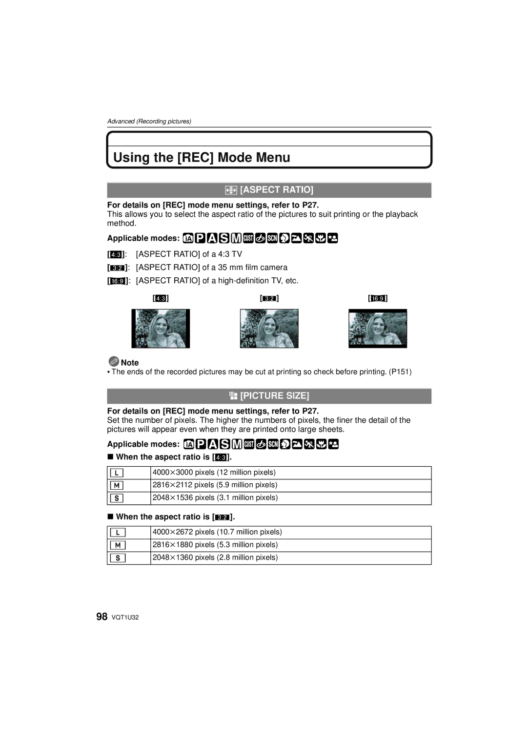 Panasonic DMC-G1K operating instructions Using the REC Mode Menu, ? Aspect Ratio, @ Picture Size 