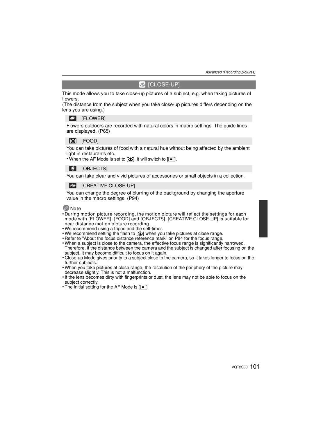 Panasonic DMC-G2K operating instructions Close-Up, Flower, Food, Objects, Creative CLOSE-UP 