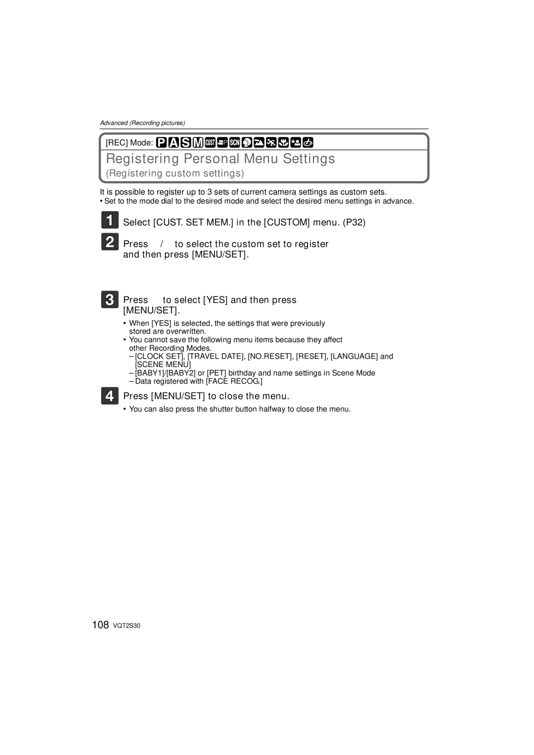 Panasonic DMC-G2K operating instructions Registering Personal Menu Settings, Registering custom settings 