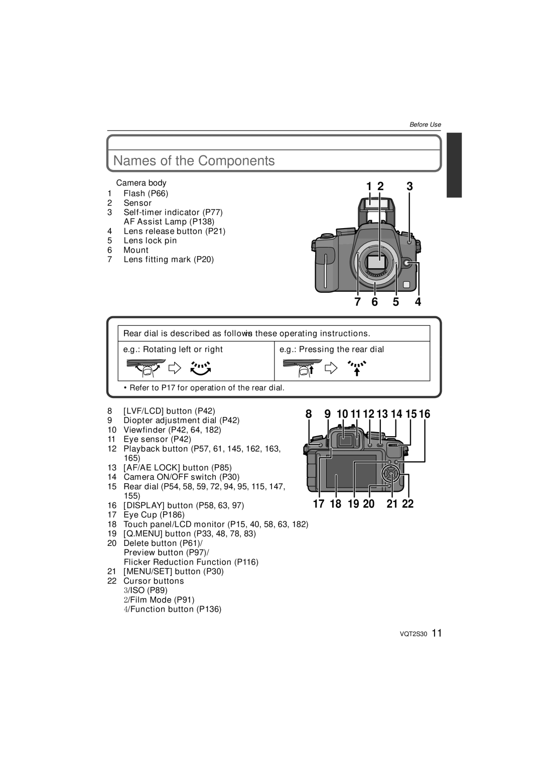 Panasonic DMC-G2K operating instructions Names of the Components, Camera body, LVF/LCD button P42, Display button P58, 63 