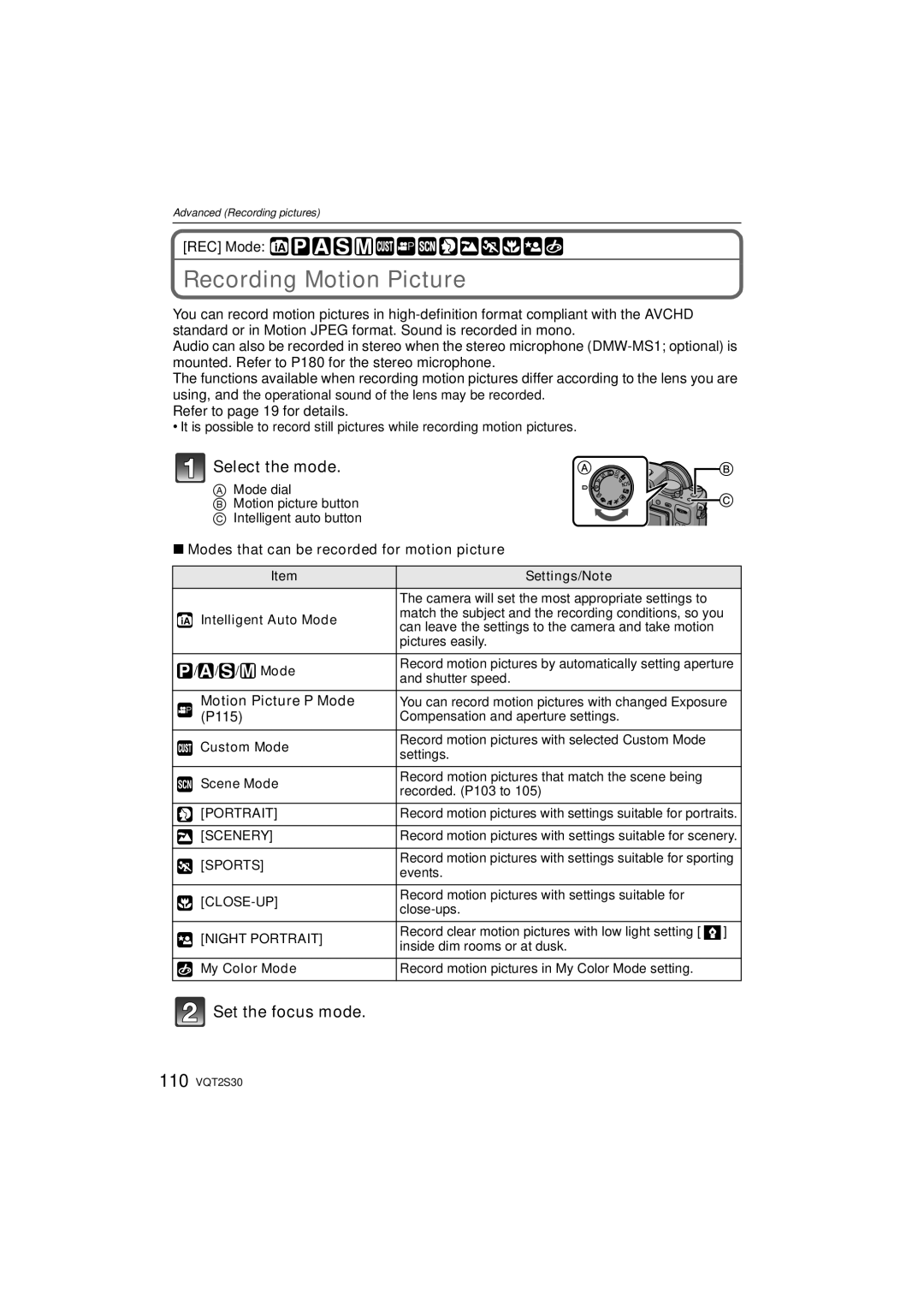 Panasonic DMC-G2K operating instructions Recording Motion Picture, Select the mode, Set the focus mode 