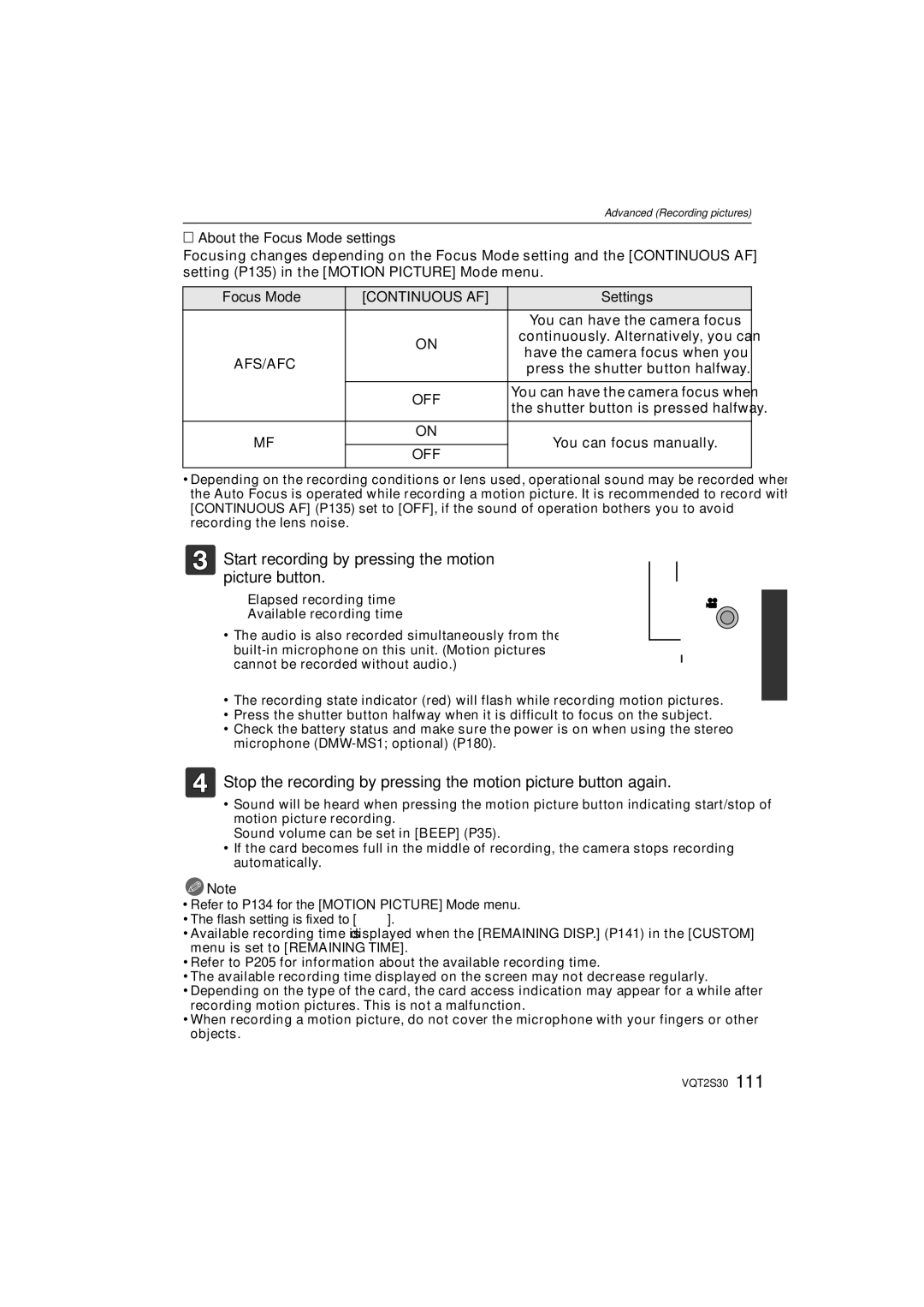 Panasonic DMC-G2K Start recording by pressing the motion picture button, About the Focus Mode settings, Continuous AF 