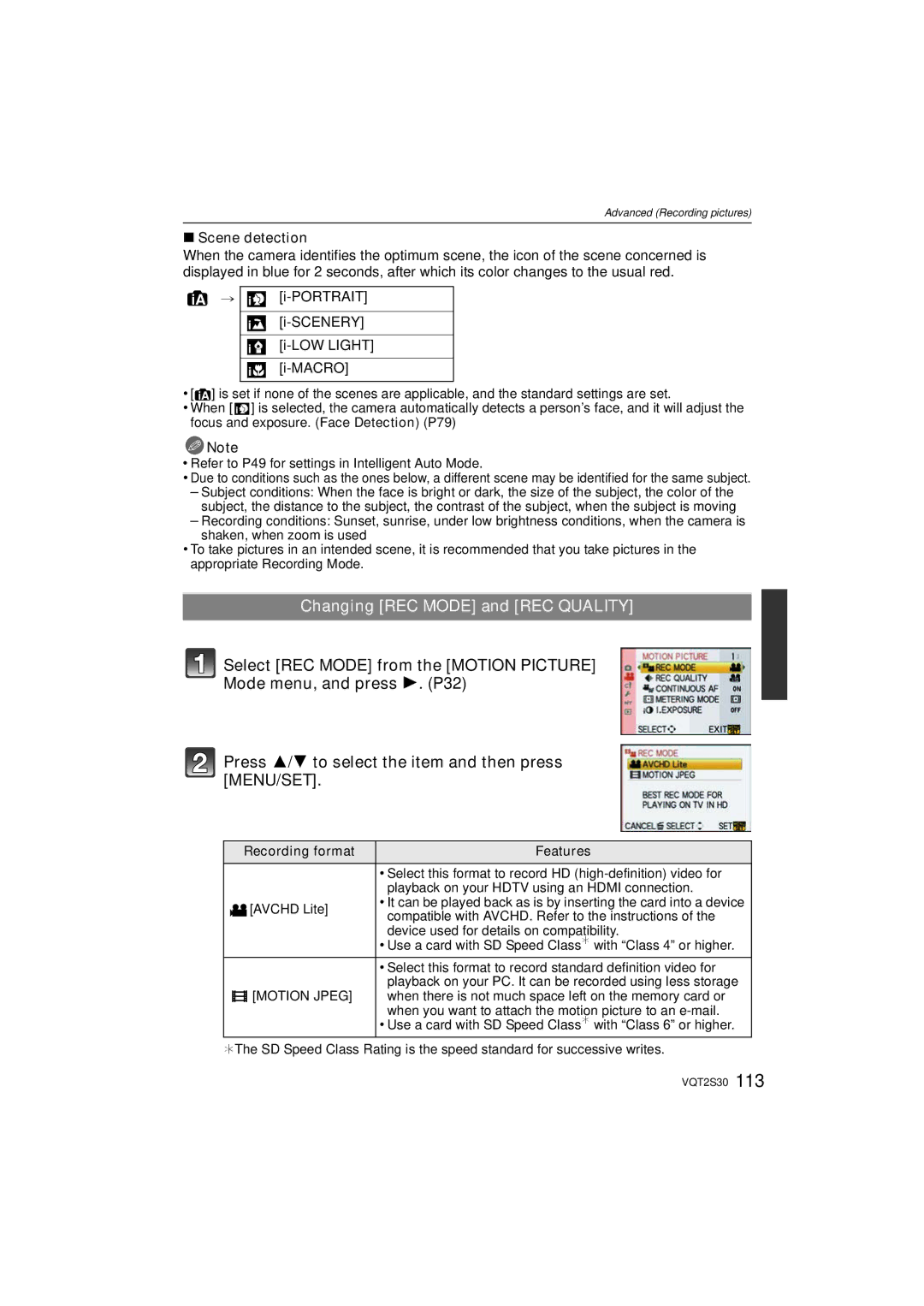 Panasonic DMC-G2K operating instructions Changing REC Mode and REC Quality, Scene detection, Recording format Features 