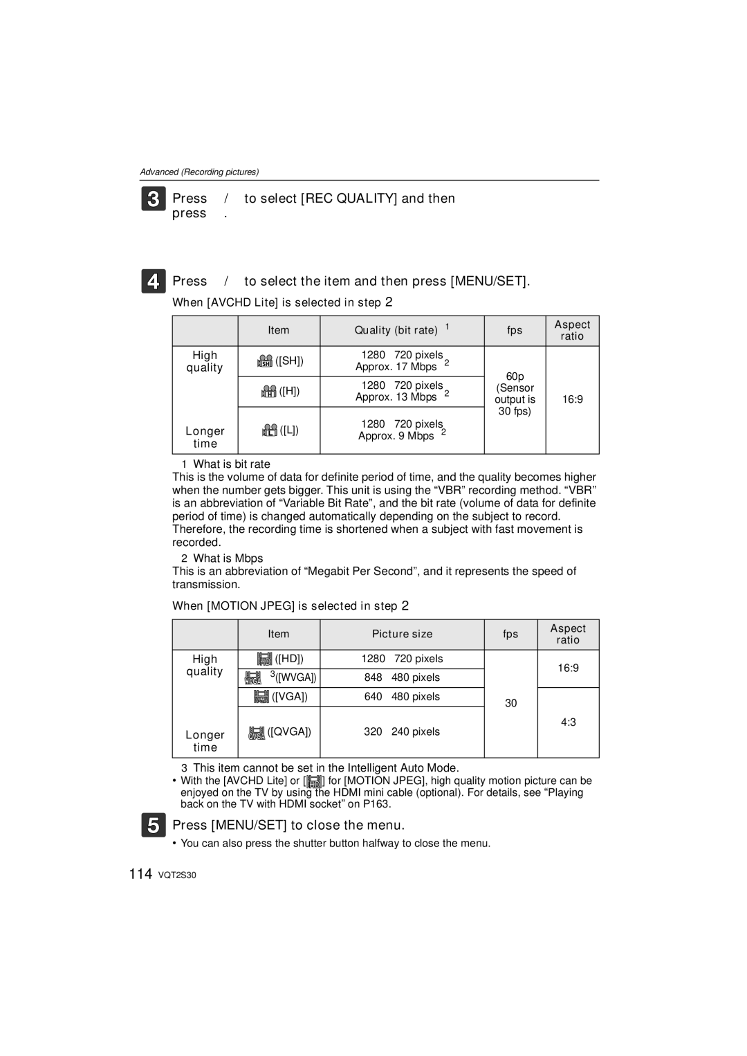 Panasonic DMC-G2K When Avchd Lite is selected in step, High, ¢1 What is bit rate, When Motion Jpeg is selected in step 