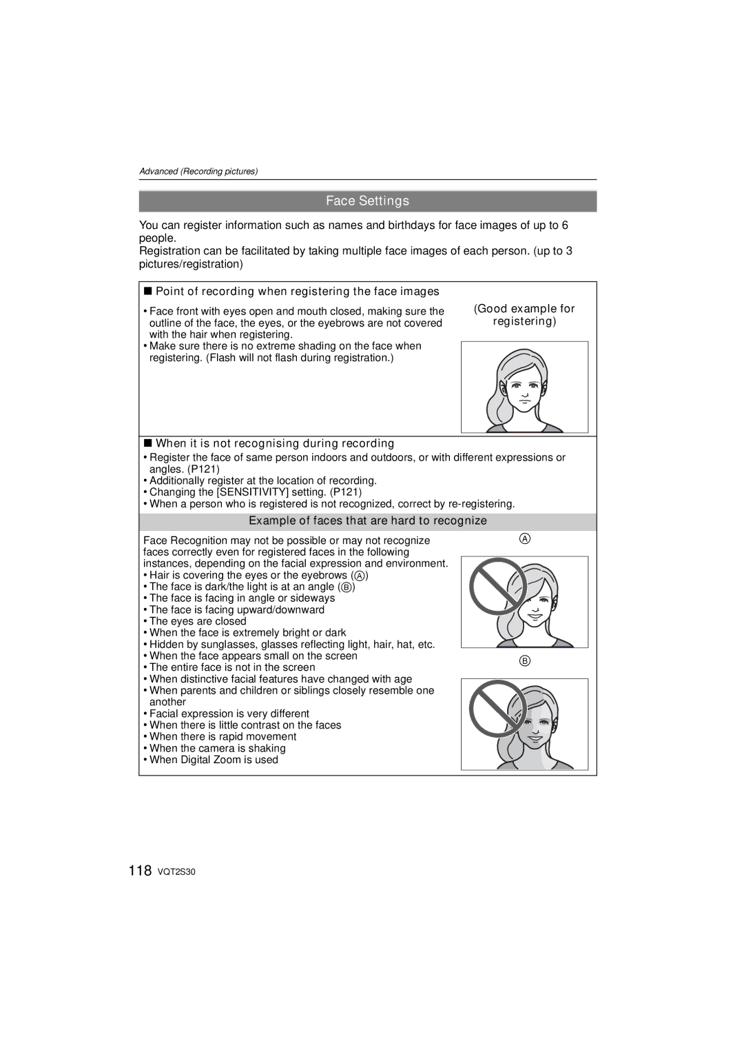 Panasonic DMC-G2K operating instructions Face Settings, Point of recording when registering the face images 