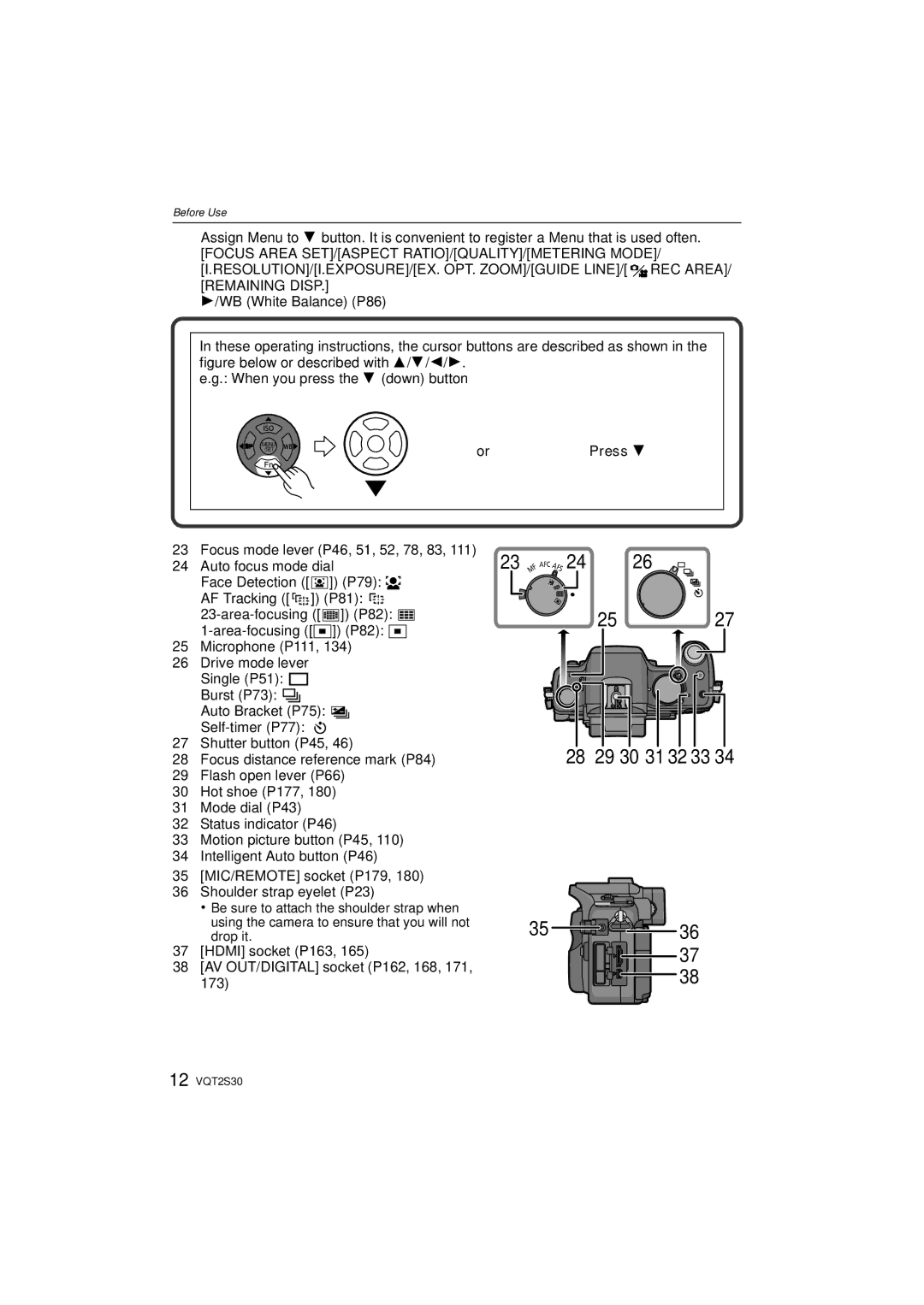 Panasonic DMC-G2K operating instructions Press, Hdmi socket P163 AV OUT/DIGITAL socket P162, 168, 171 