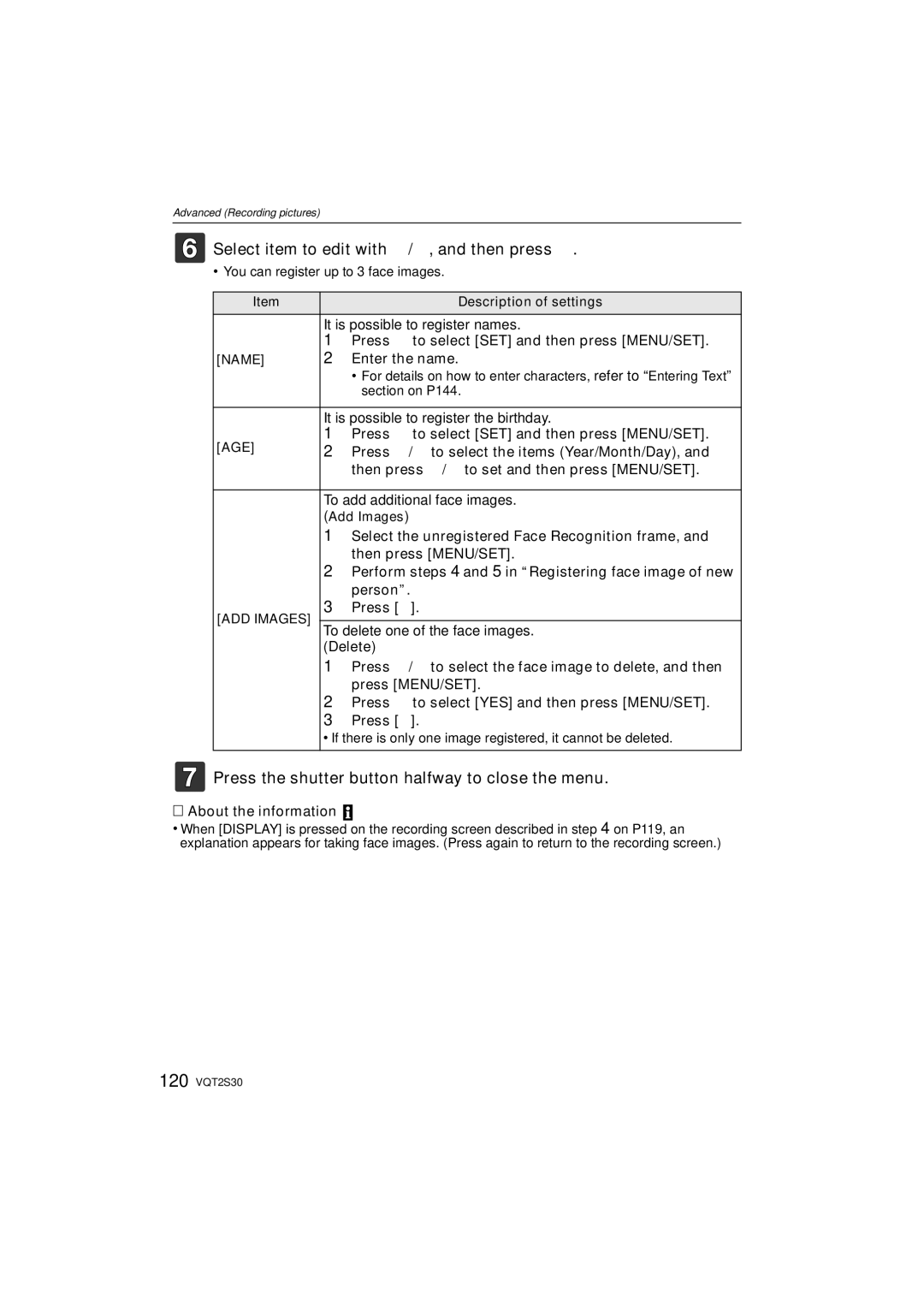 Panasonic DMC-G2K Select item to edit with 3/4, and then press, Press the shutter button halfway to close the menu 