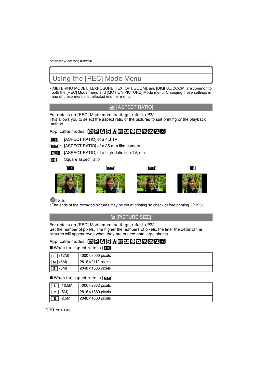 Panasonic DMC-G2K operating instructions Using the REC Mode Menu, ? Aspect Ratio, @ Picture Size 