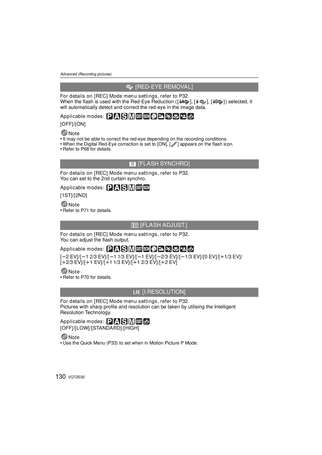 Panasonic DMC-G2K operating instructions RED-EYE Removal, Flash Synchro, Flash Adjust, Resolution 