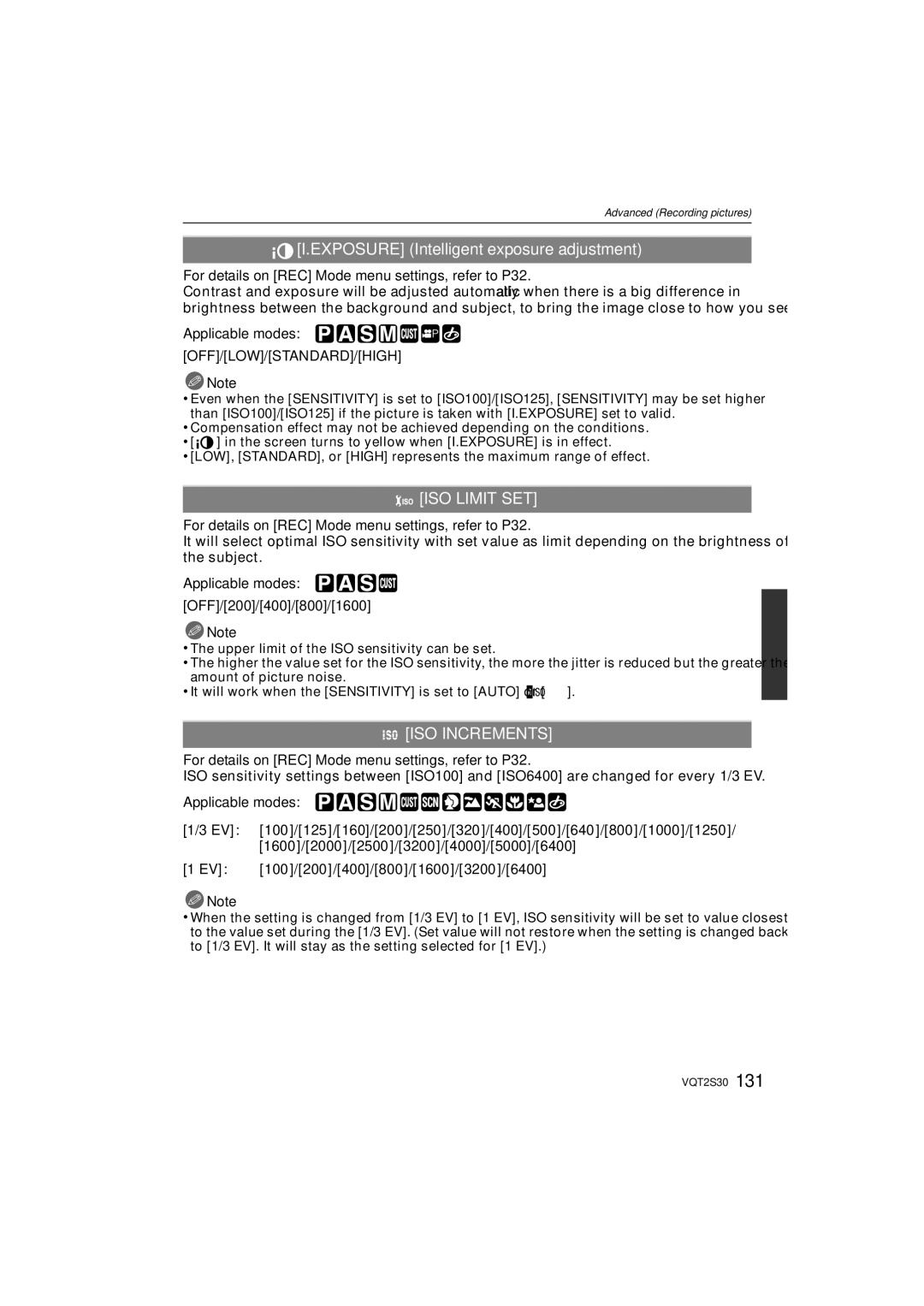 Panasonic DMC-G2K operating instructions Exposure Intelligent exposure adjustment, ISO Limit SET, ISO Increments 