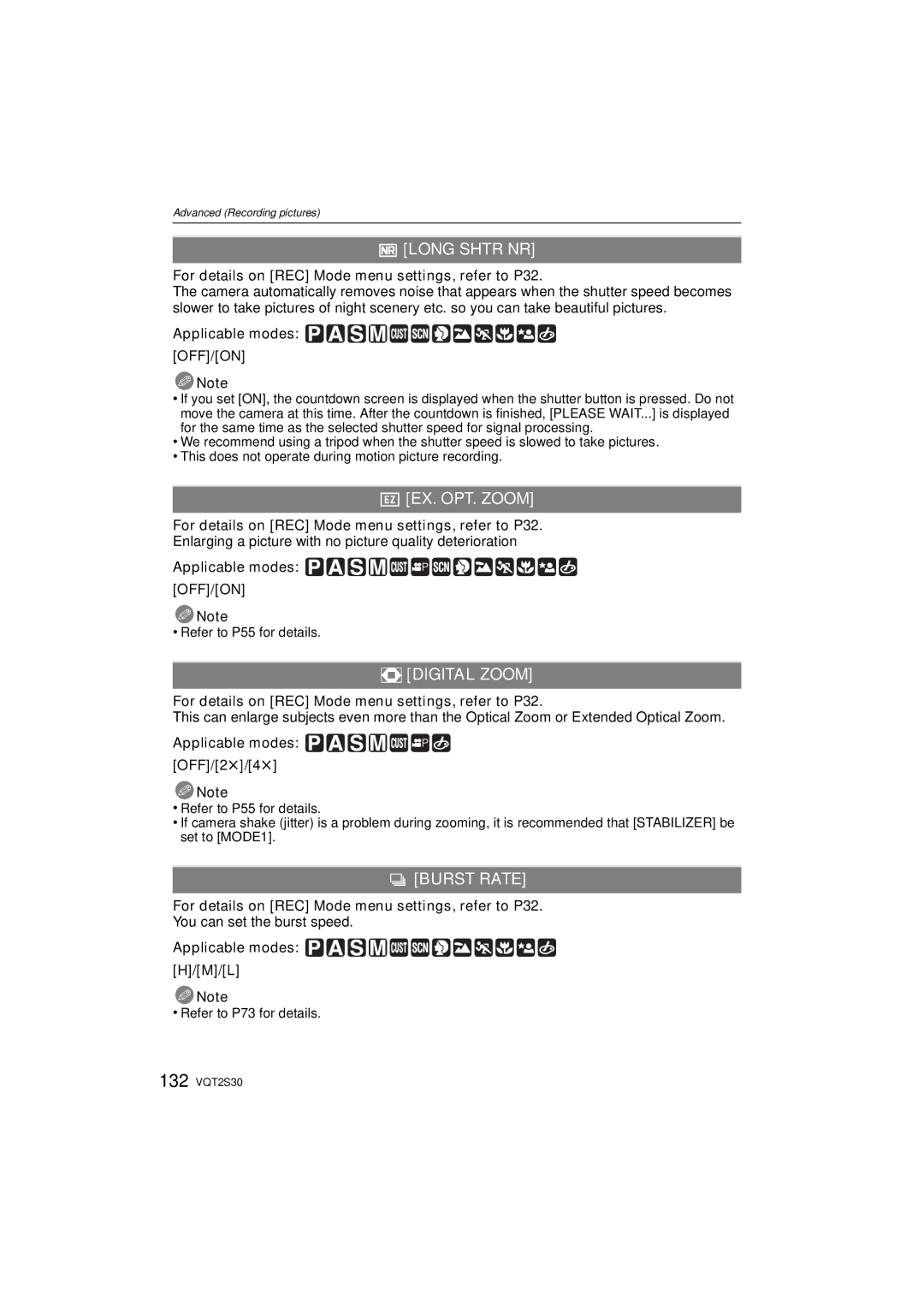 Panasonic DMC-G2K operating instructions Long Shtr NR, EX. OPT. Zoom, Digital Zoom, Burst Rate 