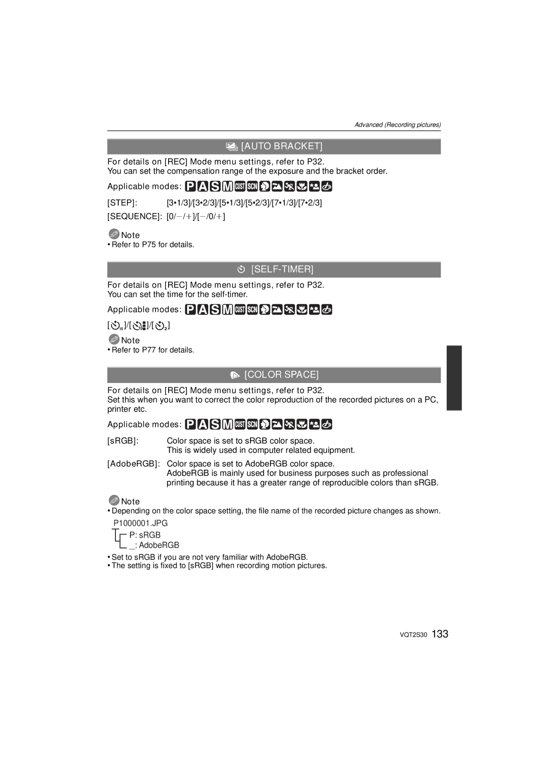 Panasonic DMC-G2K operating instructions Auto Bracket, Self-Timer, Color Space 