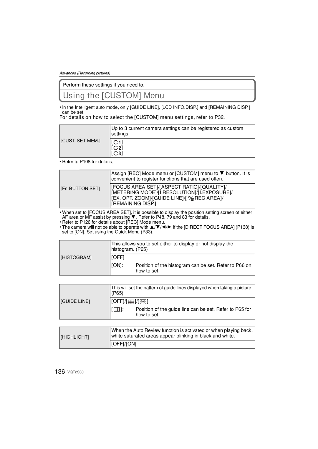 Panasonic DMC-G2K operating instructions Using the Custom Menu, Off, P65 